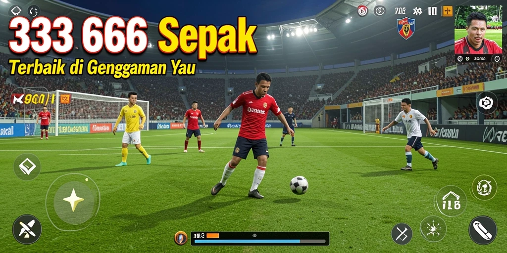 Screenshot utama menunjukkan pemain bersiap untuk melakukan tendangan bebas dalam pertandingan sepak bola.