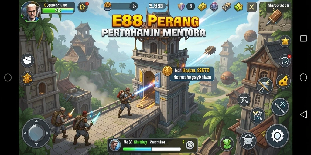 Tangkapan layar E88 menampilkan aksi seru Tower Defense dengan menara dan musuh yang beragam.