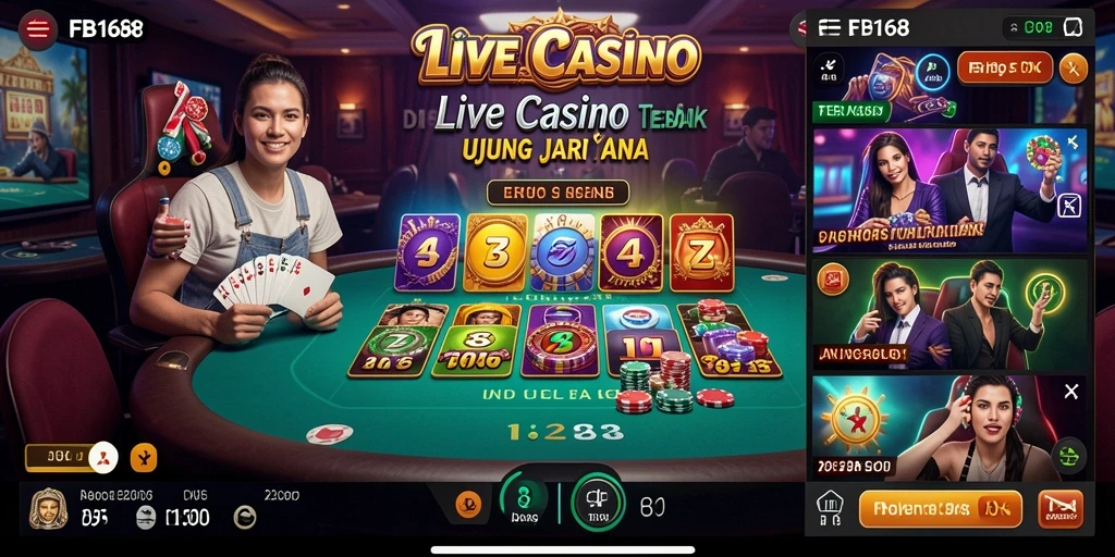Screenshot FB168 menampilkan dealer profesional dan gameplay Live Casino yang realistis.