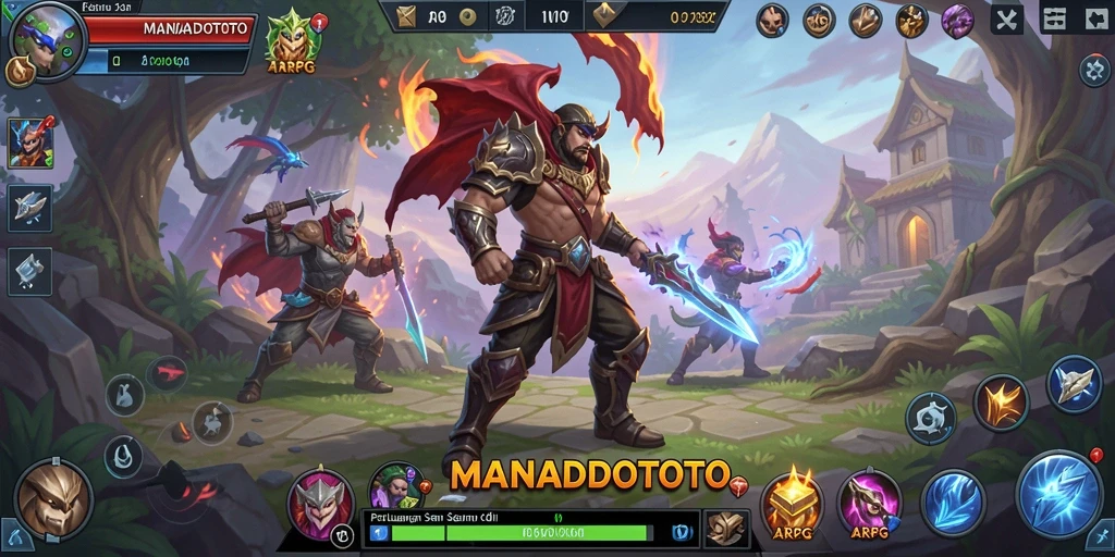 Screenshot utama MENADOTOTO menampilkan aksi pertempuran yang epik.