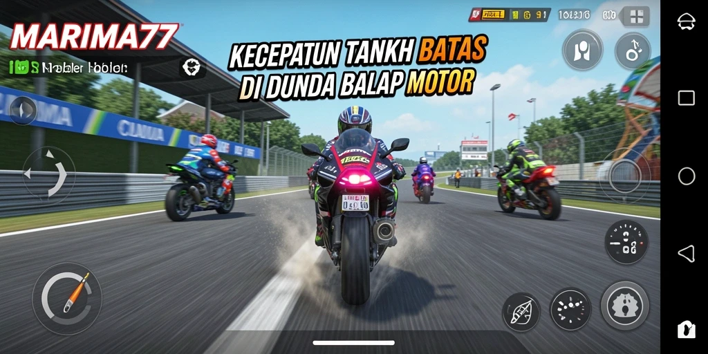 Tampilan gameplay seru dari MARIMA77 saat balapan motor.