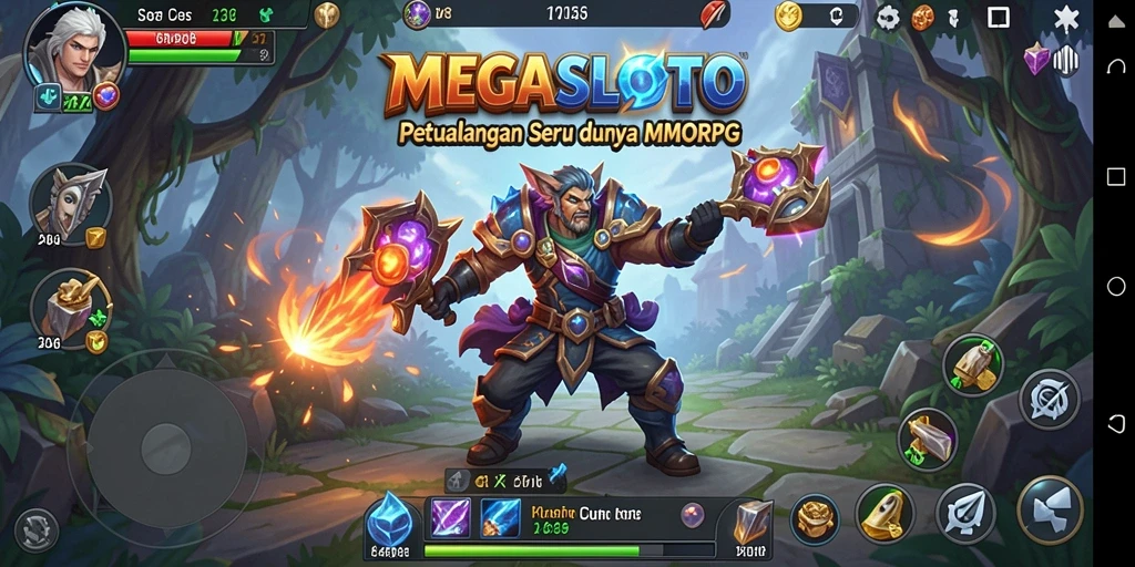 Screenshot gameplay MEGASLOTO menampilkan pertarungan epik dalam dunia MMORPG.