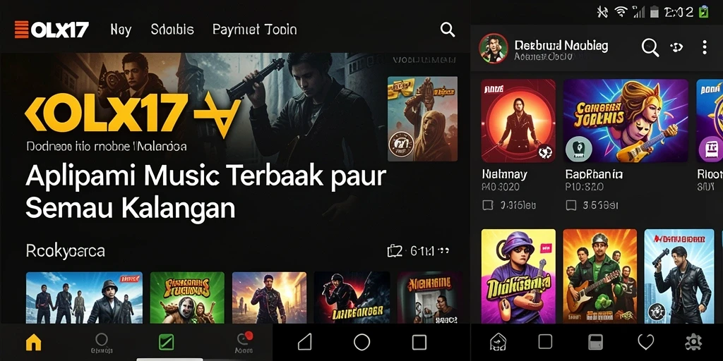 Screenshot utama OLX17 menampilkan antarmuka aplikasi dengan berbagai pilihan musik.