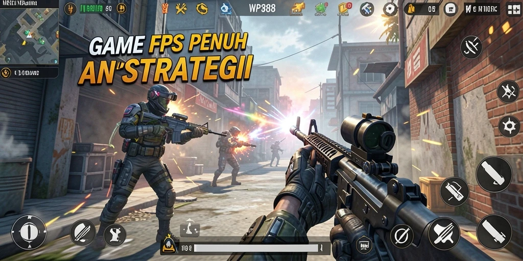 Screenshot utama WP888 menampilkan aksi menegangkan dalam pertempuran FPS.